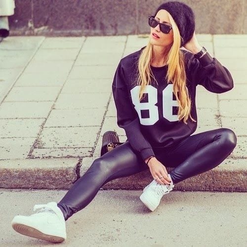 All Black Outfit. Sporty Outfit. Leather Leggings. Sneakers