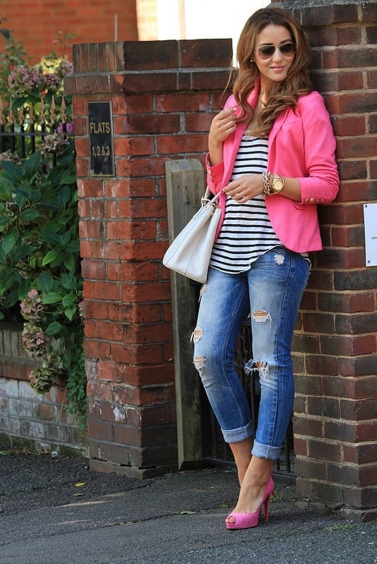 Pink Jacket with Ripped Jeans