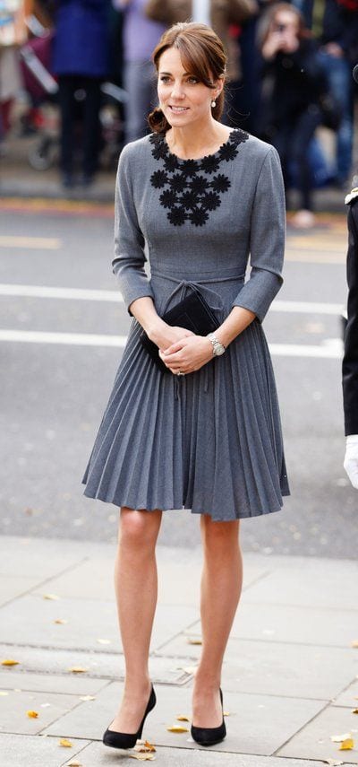 Kate Middleton wearing grey pleated dress