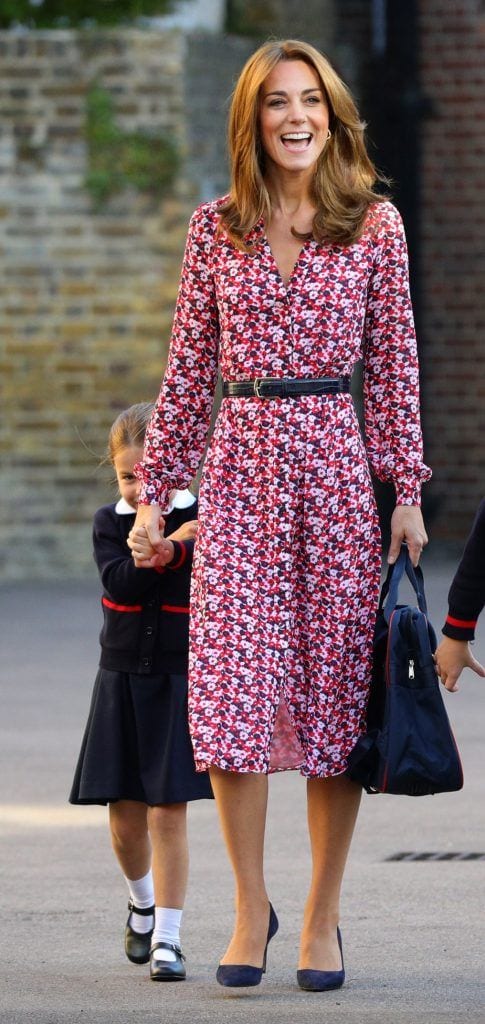 Duchess of Cambridge wearing floral dress for droping her kids to school